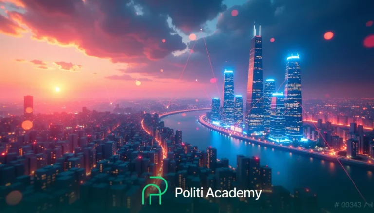 Paisagem urbana futurista ao anoitecer com arranha-céus iluminados por neon ao longo de um rio. O céu está colorido com nuvens e rastros de luz conectam as torres. Logotipo da "Politi Academy" na parte inferior.