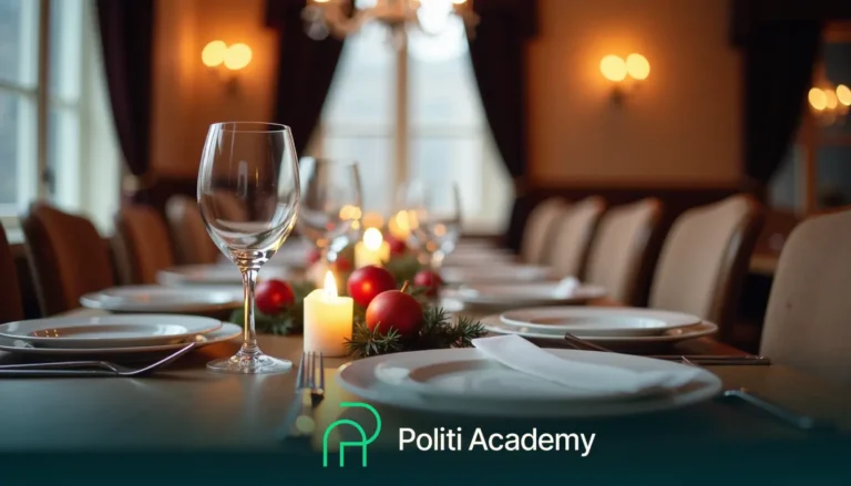 Uma longa mesa de jantar posta para uma refeição com pratos, copos, velas e decorações festivas. A iluminação fraca cria um ambiente intimista.