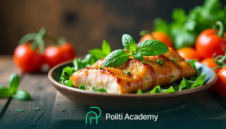 Filé de salmão grelhado sobre uma cama de folhas verdes, guarnecido com ervas, com tomates ao fundo.