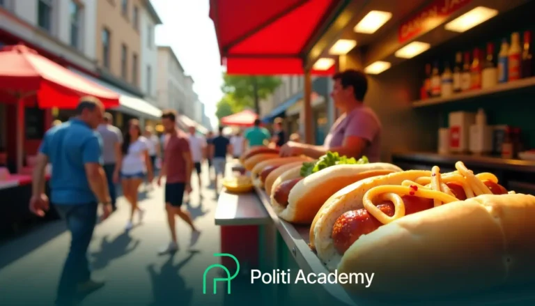 Uma barraca de comida de rua com vários cachorros-quentes em pães em exposição, com pessoas caminhando sob toldos vermelhos.