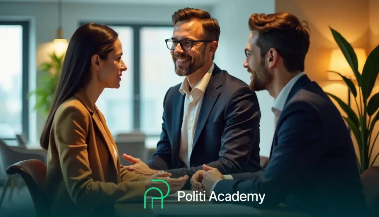Três pessoas em trajes profissionais conversavam em uma mesa, com o logotipo "Politi Academy" na parte inferior.
