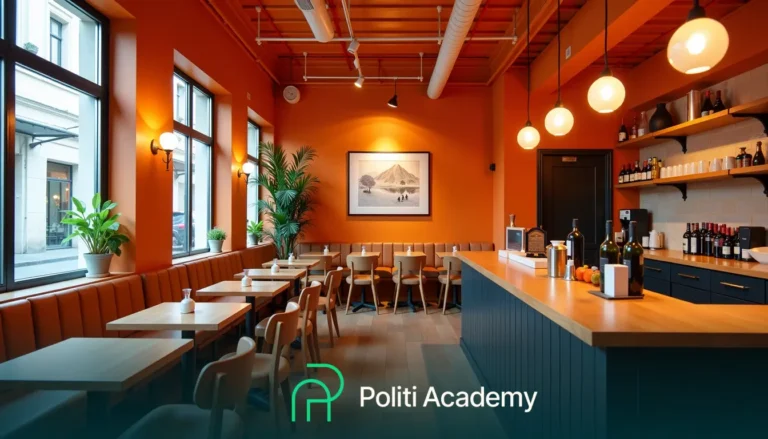 Um café aconchegante com paredes laranja, mesas de madeira, um balcão com garrafas, luzes penduradas e palmeiras perto de grandes janelas.