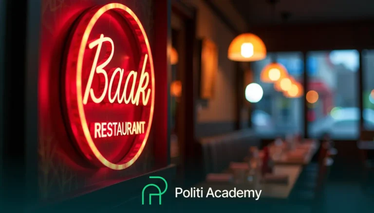 Letreiro de neon com os dizeres "Baak Restaurant" em um fundo desfocado do interior de um restaurante com iluminação fraca e lâmpadas penduradas. O logotipo da Politi Academy é visível na parte inferior.