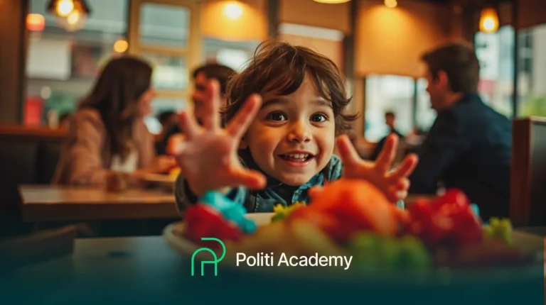 Uma criança sorridente alcança um prato de comida em um restaurante, com adultos e crianças desfocados ao fundo; o logotipo da "Politi Academy" é visível.