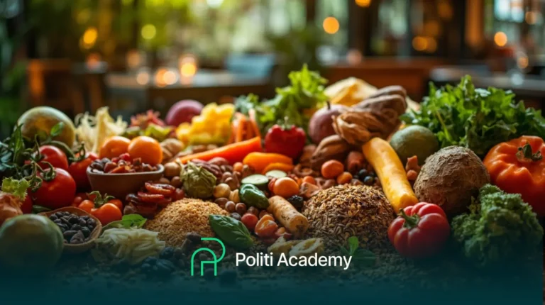Uma variedade de frutas frescas, vegetais, grãos e nozes expostos em uma mesa com o logotipo da Politi Academy na parte inferior.