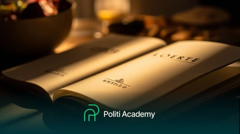 Um livro aberto com luz e sombra em suas páginas, as palavras "SORTE" e "Politi Academy" aparecem, junto com um logotipo simples na parte inferior.