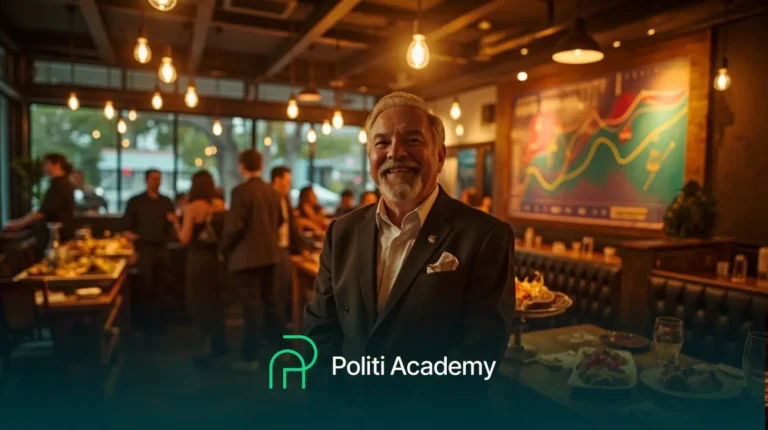 Um homem sorridente de terno está em um restaurante com pessoas socializando ao fundo. O logotipo da Academia Politi é exibido na parte inferior da imagem.