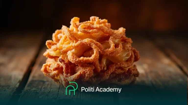Um close de um conjunto de cebolas fritas e crocantes em uma superfície de madeira com o logotipo e o texto da Politi Academy na parte inferior.
