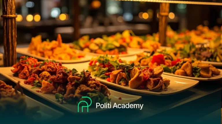 Bandejas com pratos variados de comida são exibidas em uma mesa de bufê, com o logotipo da Politi Academy na parte inferior da imagem.