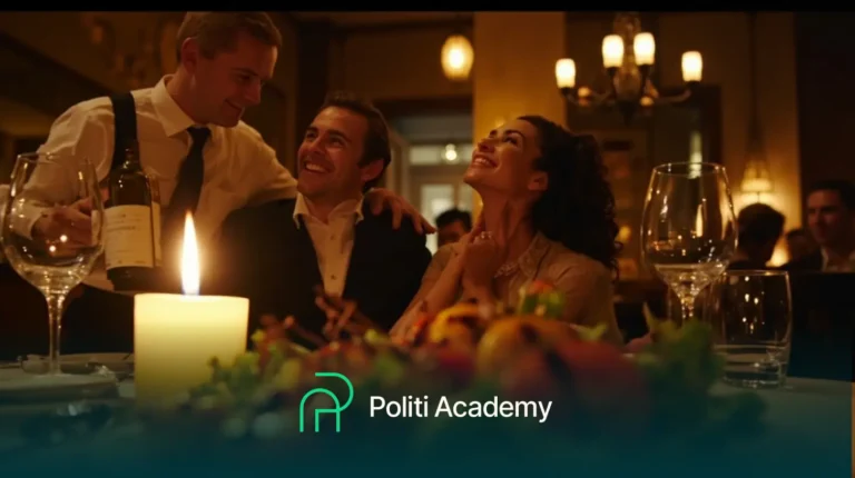 Um garçom serve vinho a um casal sorridente em uma mesa de restaurante iluminada à luz de velas, com o logotipo da Politi Academy exibido na parte inferior.