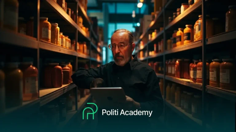 Um homem mais velho está em um depósito com prateleiras de potes, olhando para um tablet. As palavras "Politi Academy" e um logotipo aparecem na parte inferior.