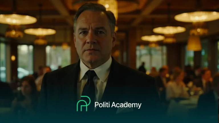 Um homem de terno está em um restaurante mal iluminado com lustres, com o texto “Politi Academy” e um logotipo na parte inferior da imagem.