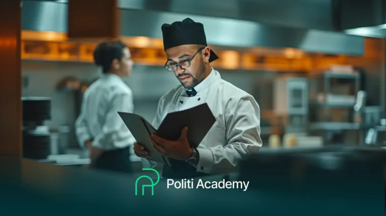 Um chef de uniforme branco e chapéu analisa um cardápio em uma cozinha profissional, com o texto "Politi Academy" sobreposto na parte inferior.