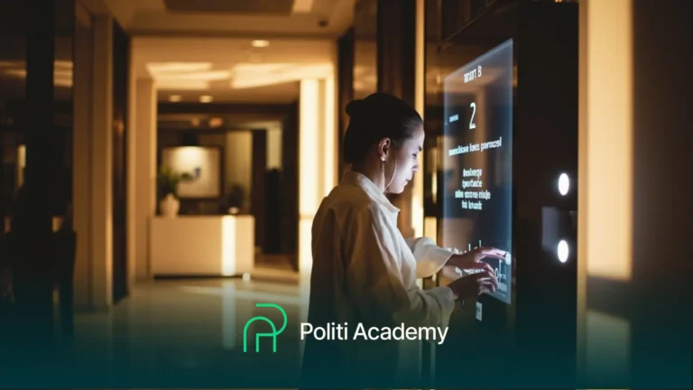 Uma mulher interage com uma grande tela digital sensível ao toque em um interior moderno e pouco iluminado. O logotipo da Academia Politi é exibido na parte inferior da imagem.