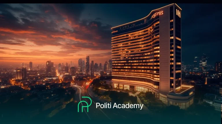 Um edifício alto e moderno com janelas iluminadas se destaca no horizonte da cidade ao pôr do sol; o logotipo da "Politi Academy" aparece na parte inferior.