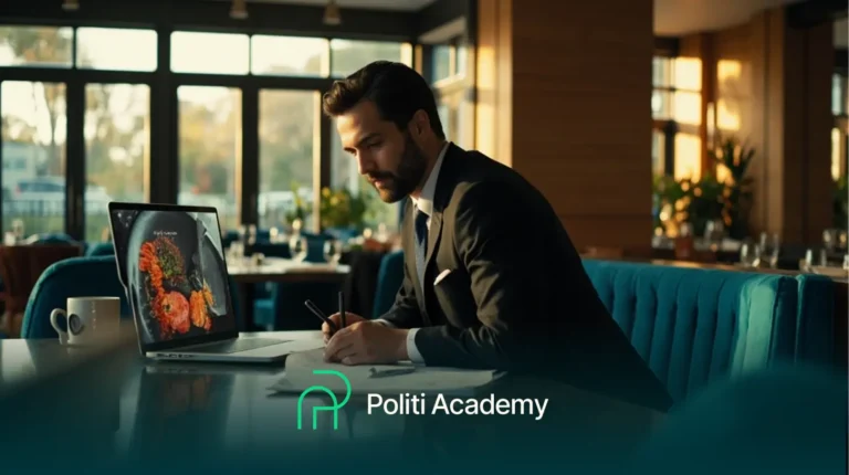 Um homem de terno escreve em um caderno enquanto olha para um laptop em um restaurante moderno e bem iluminado. O logotipo "Politi Academy" aparece na parte inferior da imagem.