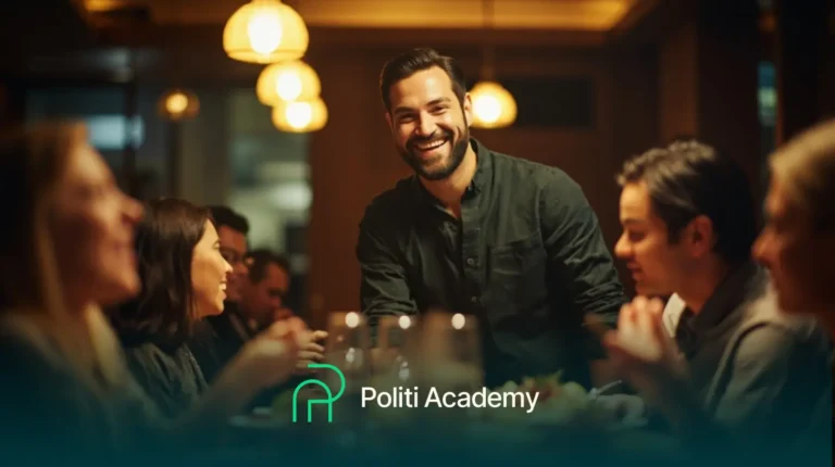 Um homem sorri em pé, entre um grupo de pessoas sentadas à mesa em uma sala bem iluminada. O texto "Politi Academy" aparece na parte inferior, acompanhado de um logotipo.