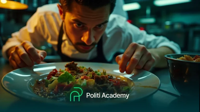 Um chef inspeciona atentamente um prato em uma cozinha profissional, com o logotipo da Politi Academy sobreposto na parte inferior da imagem.