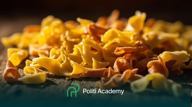 Um close de vários pedaços de massa crua em uma superfície de madeira com o logotipo da Politi Academy na parte inferior.