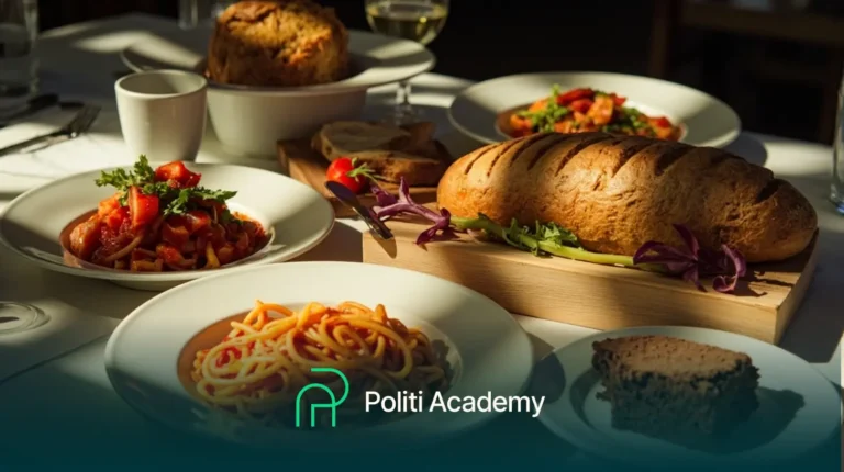 Uma mesa posta com pães, pratos de massa, salada, bolo e bebidas sob luz natural, com o logotipo da Politi Academy na parte inferior.