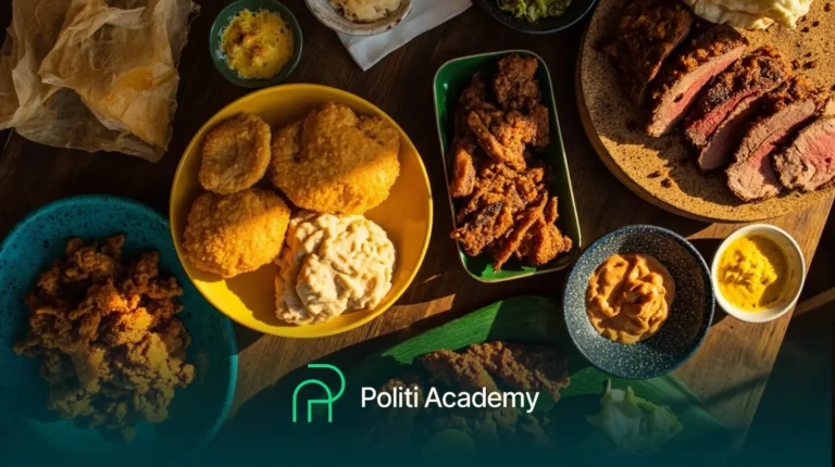 Alimentos fritos variados, purê de batatas, carne fatiada e molhos para mergulhar estão dispostos em pratos e tigelas sobre uma mesa de madeira. O logotipo da "Politi Academy" aparece na parte inferior.