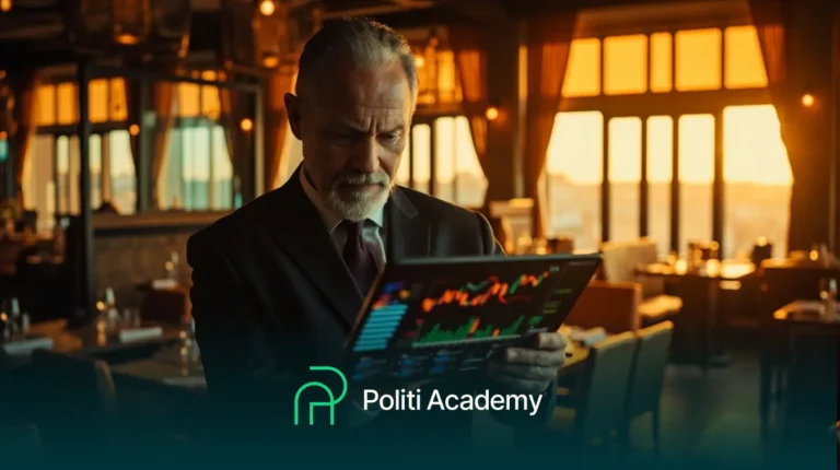 Um homem mais velho de terno estuda um tablet com gráficos de ações em um restaurante ao pôr do sol. O logotipo da "Politi Academy" está na parte inferior da imagem.