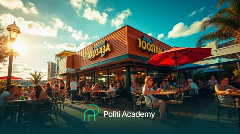 Pessoas jantando em mesas ao ar livre de um restaurante movimentado, sob grandes guarda-sóis, em um dia ensolarado, com o logotipo da "Politi Academy" na parte inferior da imagem.
