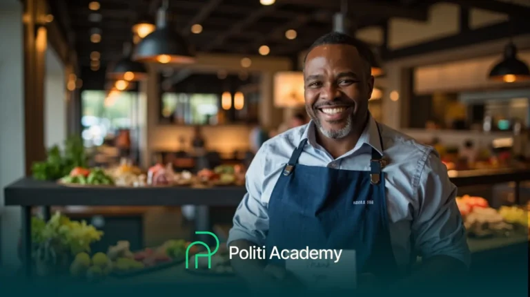 Um homem de avental sorri em um restaurante moderno, em pé atrás de um balcão com comida. O logotipo e o texto da Academia Politi aparecem na parte inferior da imagem.