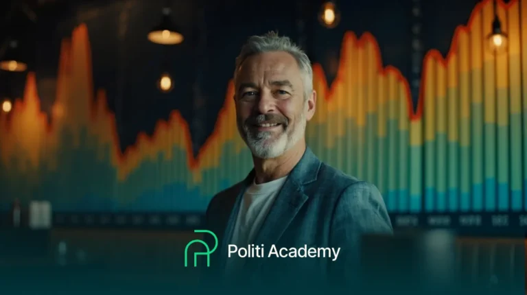 Um homem de cabelos grisalhos e barba, usando um blazer, está em frente a um gráfico de dados colorido, com o logotipo e o texto da "Politi Academy" exibidos na parte inferior.