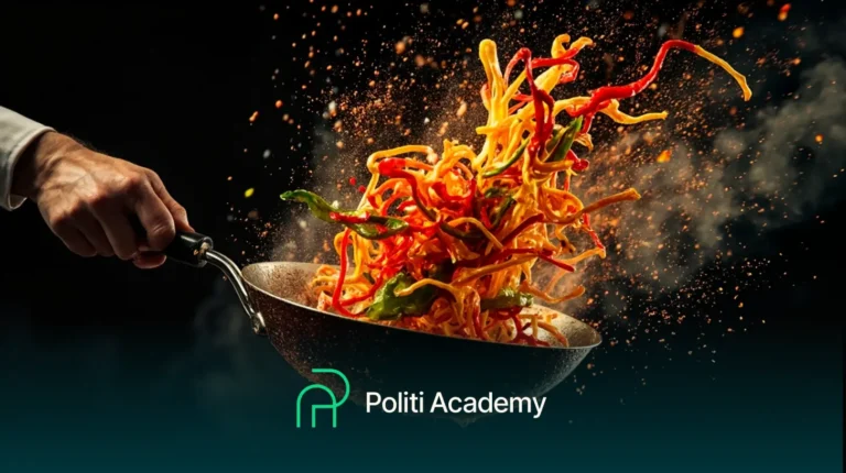 Uma mão joga macarrão colorido e legumes em um wok, com o logotipo da Politi Academy exibido na parte inferior da imagem.