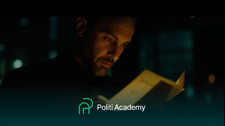 Um homem lê um livro em um ambiente pouco iluminado, com o texto "Politi Academy" e o logotipo sobrepostos na parte inferior da imagem.