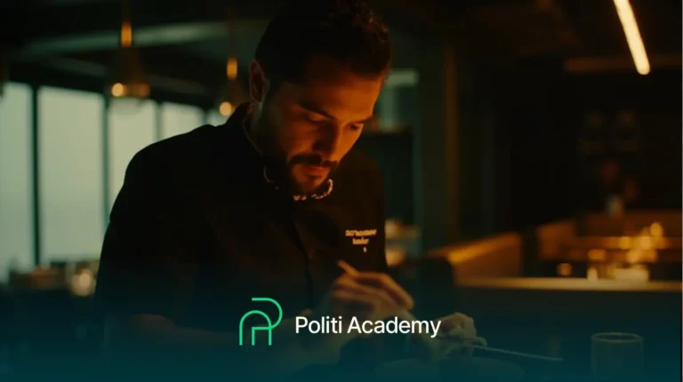 Um chef se concentra em servir a comida em um restaurante mal iluminado, com o logotipo e o texto da Politi Academy exibidos na parte inferior da imagem.