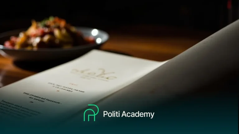 Um close-up de um cardápio aberto em uma mesa com um prato desfocado ao fundo; o logotipo da "Politi Academy" está sobreposto na parte inferior.