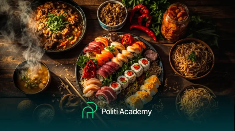 Uma variedade de sushi, macarrão, sopa e outros pratos asiáticos estão dispostos em uma mesa de madeira com tigelas de ingredientes e guarnições; o logotipo da "Politi Academy" está sobreposto na parte inferior.