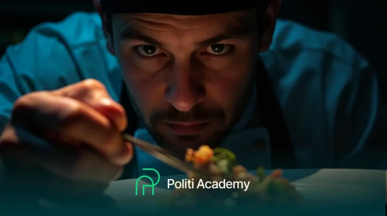 Um chef de cozinha uniformizado se concentra atentamente enquanto prepara a comida, com o logotipo e o texto da Politi Academy exibidos na parte inferior da imagem.