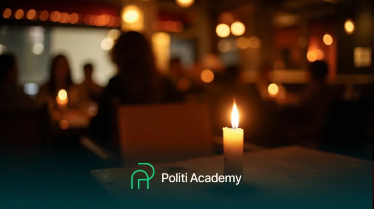 Uma vela acesa em uma mesa em um restaurante mal iluminado, com pessoas desfocadas ao fundo. O logotipo da "Politi Academy" aparece na parte inferior.