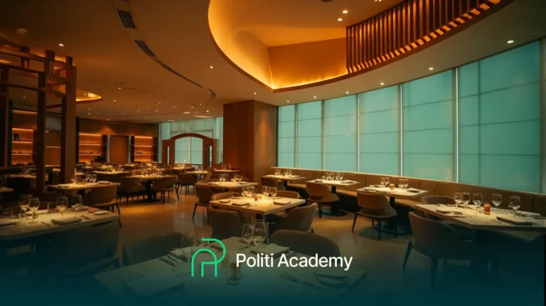 Área de jantar de um restaurante moderno e sofisticado, com mesas postas e iluminação ambiente; logotipo e texto da Politi Academy sobrepostos na parte inferior.