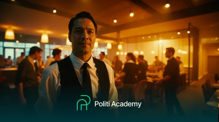 Um homem de terno em um restaurante movimentado e bem iluminado, com o texto "Politi Academy" e um logotipo sobrepostos na parte inferior da imagem.