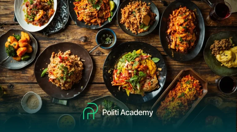 Uma vista aérea de pratos variados em pratos escuros contendo arroz, legumes e molhos, dispostos em uma mesa de madeira rústica com o logotipo da Politi Academy na parte inferior.