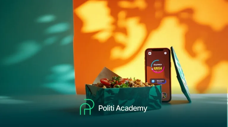 Um recipiente de alimentos com uma refeição e um smartphone exibindo um aplicativo são colocados juntos em uma superfície. O logotipo da Politi Academy está visível na parte inferior da imagem.