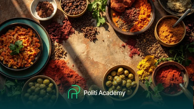 Uma variedade de especiarias, azeitonas e ervas aromáticas dispostas em tigelas em uma superfície rústica, com o logotipo da Politi Academy na parte inferior.