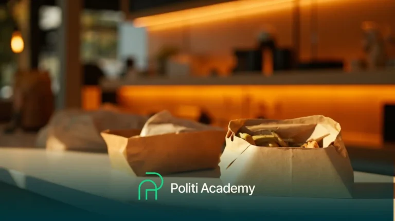 Sacos de papel com alimentos sobre uma bancada em uma cozinha moderna com iluminação quente; o logotipo e o texto da "Politi Academy" se sobrepõem à imagem.