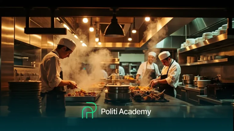 Vários chefs de cozinha uniformizados preparam alimentos em uma cozinha profissional com vapor saindo dos pratos. O logotipo e o texto "Politi Academy" aparecem na parte inferior da imagem.