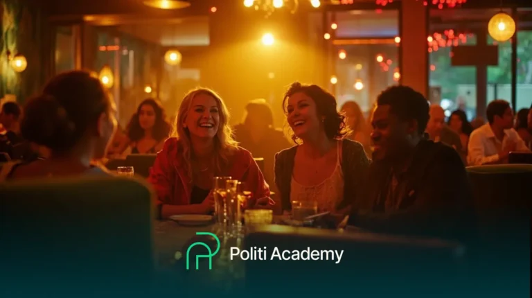 Quatro pessoas estão sentadas em uma mesa de restaurante, sorrindo e conversando. O ambiente é bem iluminado e animado. O texto "Politi Academy" e um logotipo estão na parte inferior da imagem.