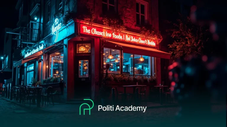 Um restaurante iluminado por neon com um exterior vermelho e azul-petróleo à noite; o logotipo e o texto da "Politi Academy" são exibidos na parte inferior da imagem.