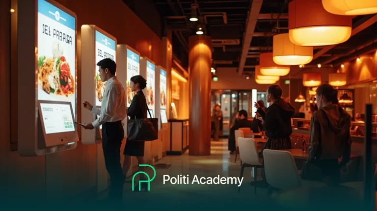 As pessoas usam quiosques digitais para pedir comida em um restaurante moderno com iluminação quente; o logotipo da Politi Academy é visível na parte inferior da imagem.
