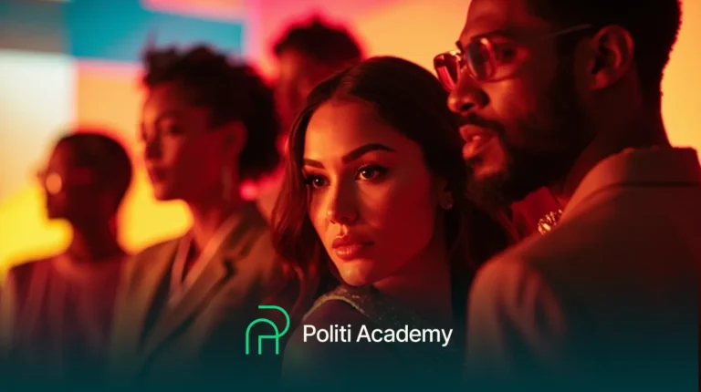 Quatro pessoas estão juntas em um cenário colorido e suavemente iluminado. O logotipo e o texto da Politi Academy aparecem na parte inferior da imagem.