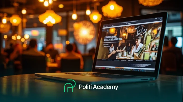 Um laptop exibindo um site está sobre uma mesa em um restaurante mal iluminado, com pessoas ao fundo. O logotipo da Politi Academy está visível na imagem.