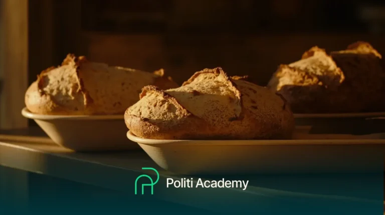 Três pães redondos de pão rústico estão sobre pratos, iluminados por uma luz quente, com o texto "Politi Academy" e um logotipo verde na parte inferior da imagem.