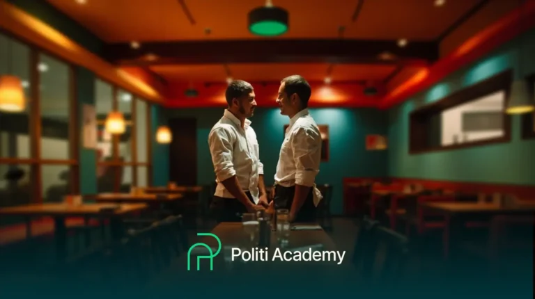Dois homens de camisa branca estão de frente um para o outro no centro de um restaurante mal iluminado. O logotipo e o texto "Politi Academy" são exibidos na parte inferior da imagem.